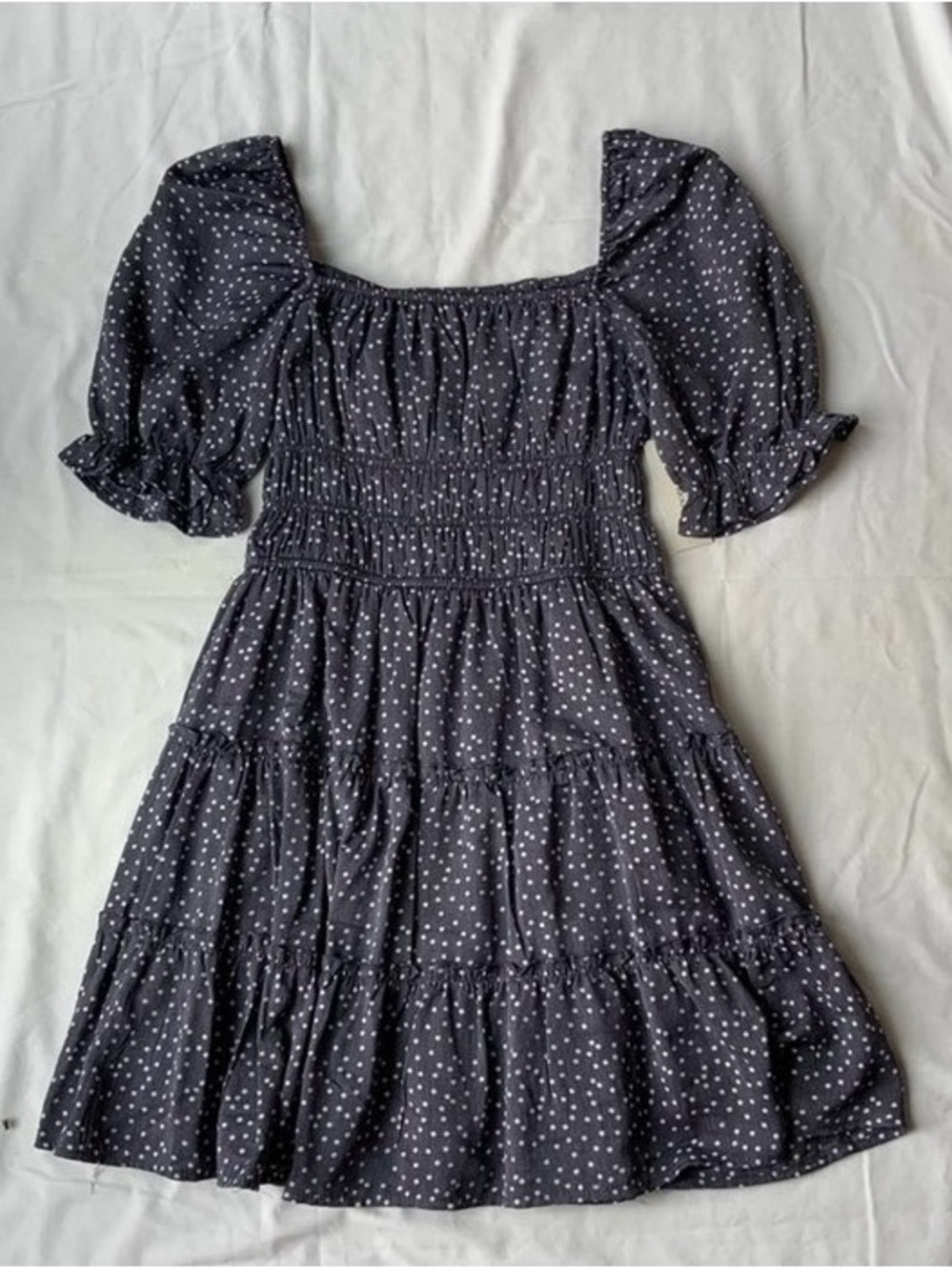Francesca's Collections Blue-gray and White Polka Dot Tiered Mini Dress